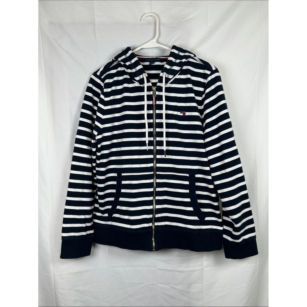 Tommy Hilfiger Striped Hoodie Women’s Large Navy Blue White Full Zip